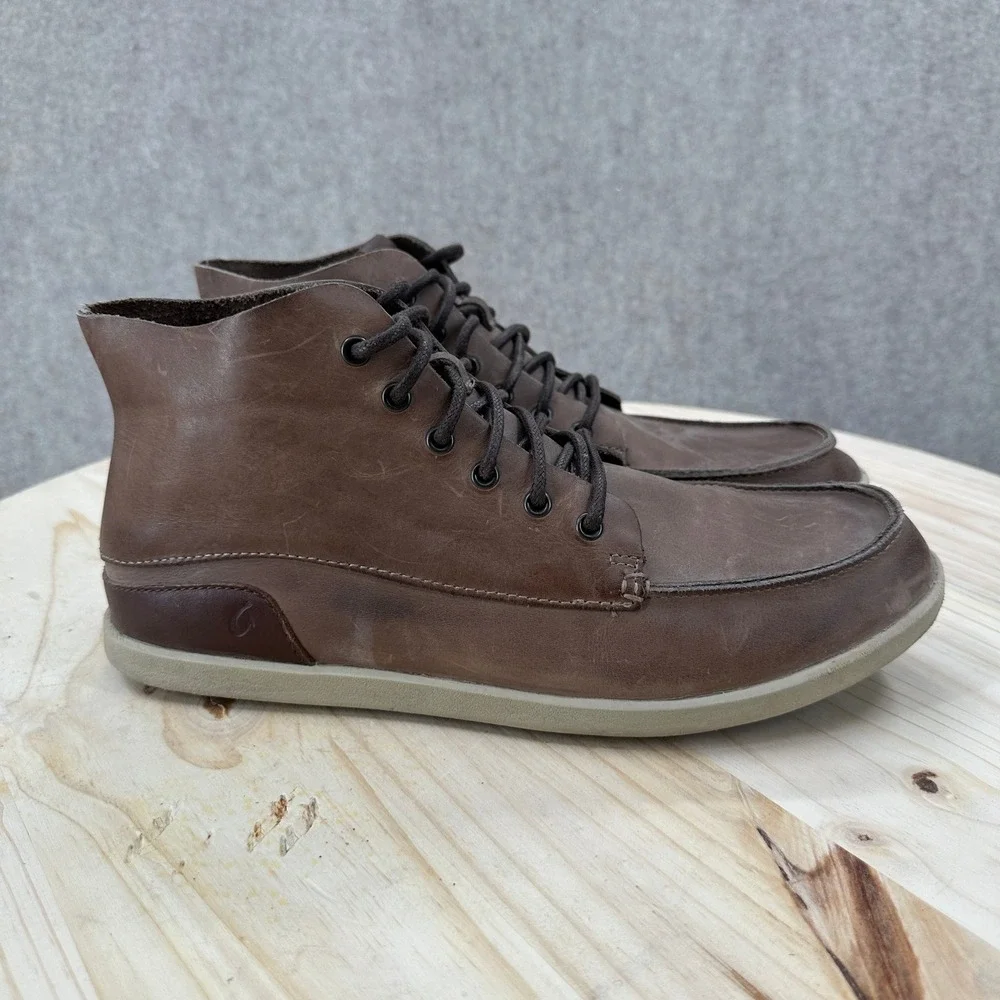 OluKai Nalukai Boots Chukka Mens 10.5 Brown Leather Waterproof Moc Toe